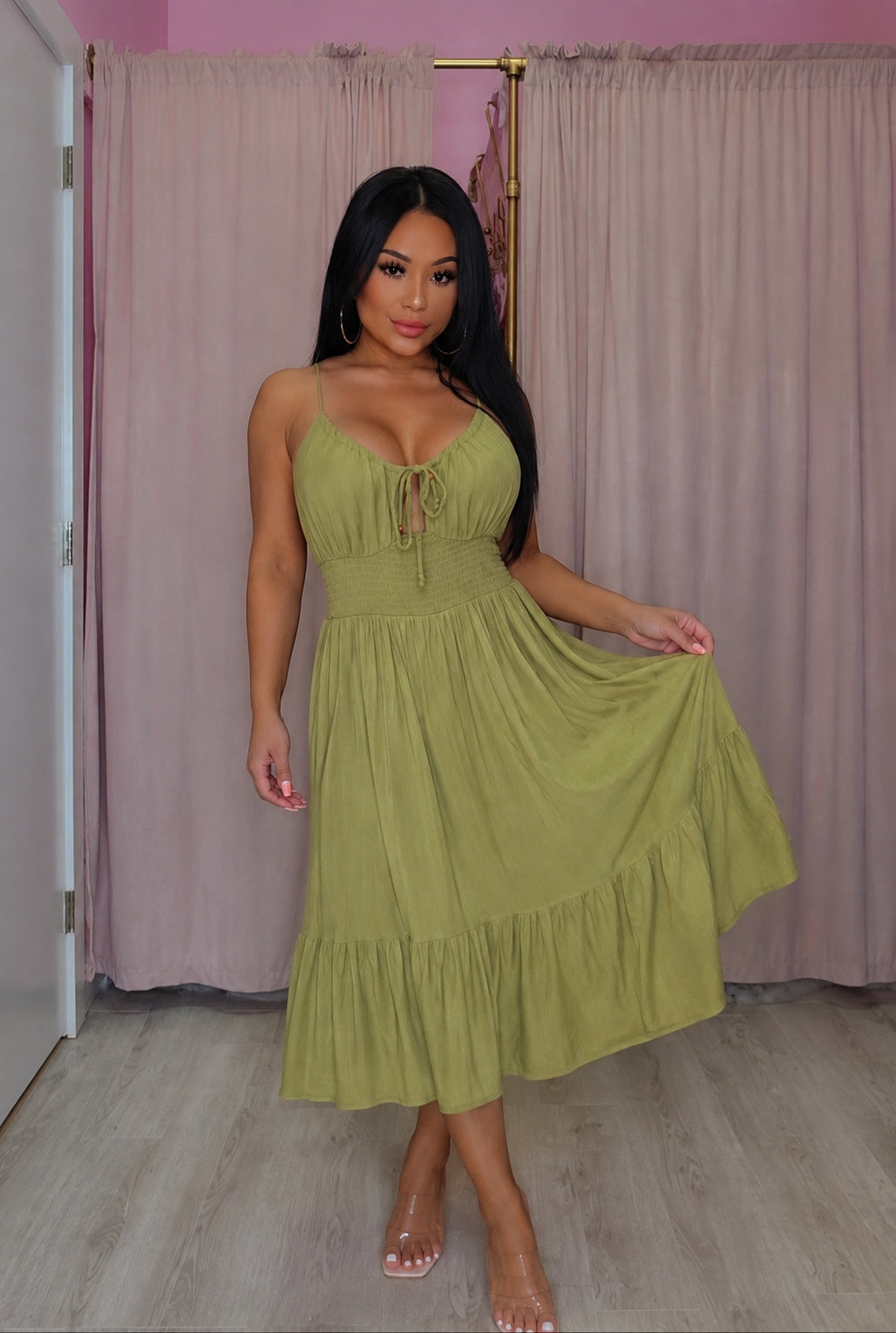 leeveless olive green tiered midi dress with a tie-front bodice, 